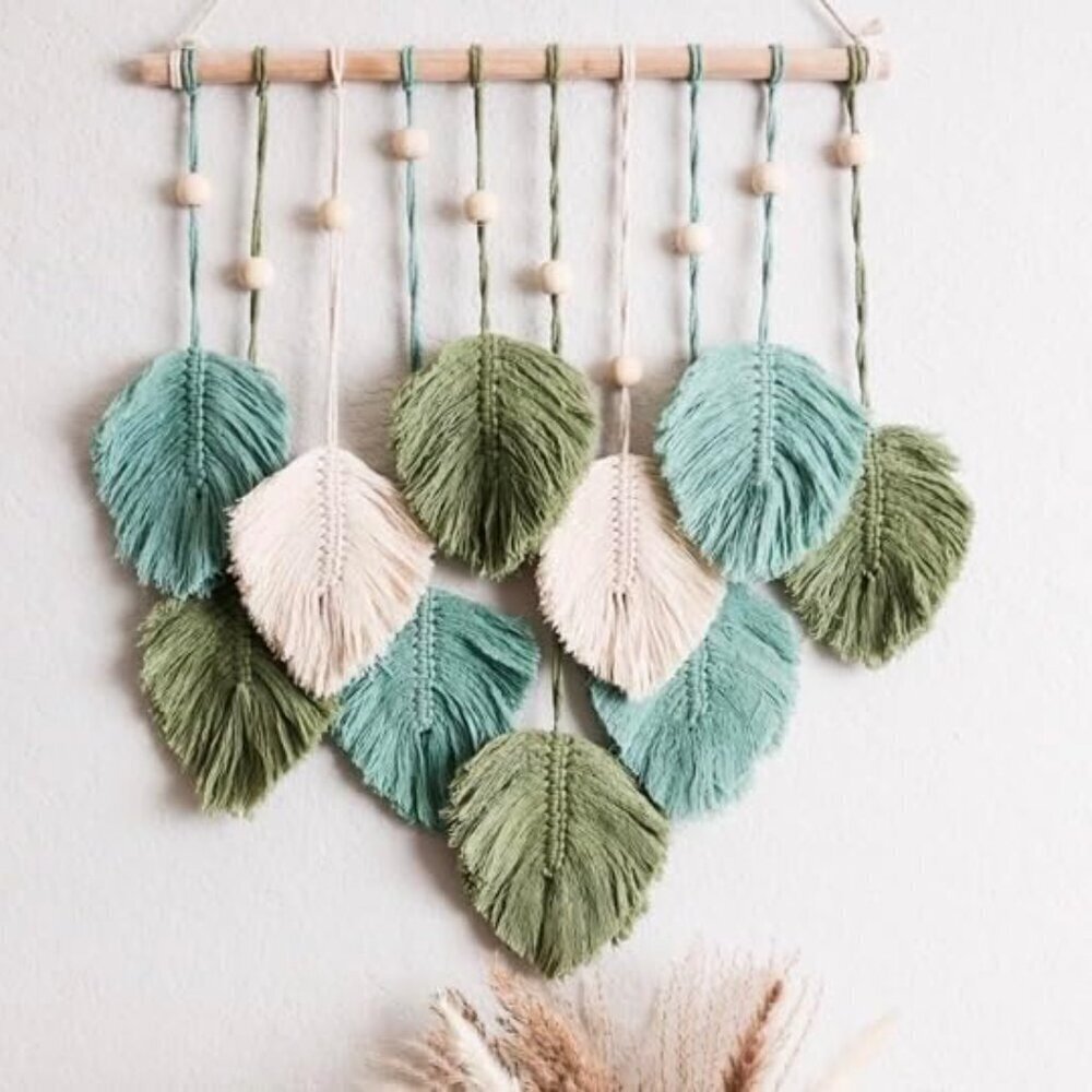 Macrame Wall Hanging Leaves - Large Chic Feather Boho Decor, Handmade Yarn